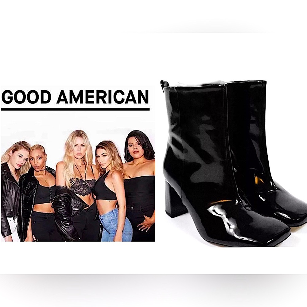 Good American Black Patent Leather Square Toe Booties Size 12 NEW IN BOX